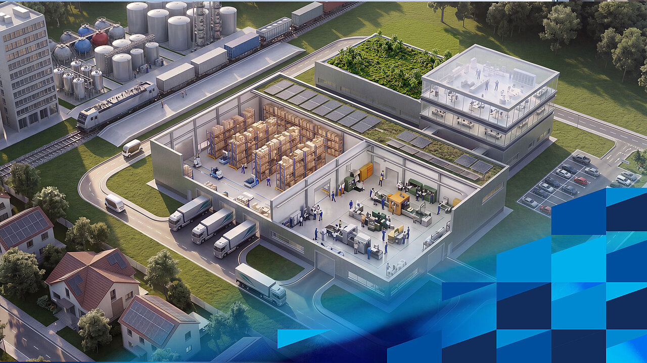 A depiction of an industrial building comprising a warehouse, production areas and integrated logistics infrastructure.