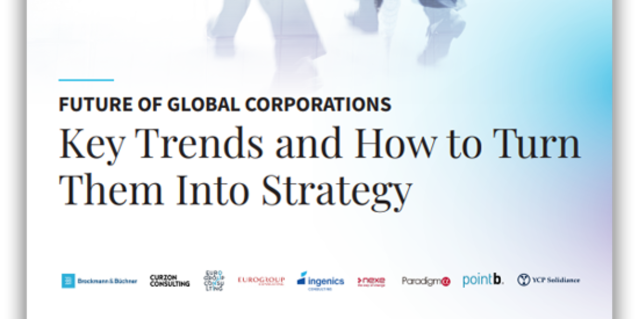 Silhouetten von Personen vor Stadtlandschaft mit Text zu Trends und Strategie globaler Unternehmen