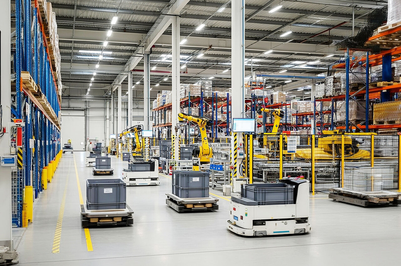 Autonomous transport vehicles move goods through a high-bay warehouse using automated logistics processes.