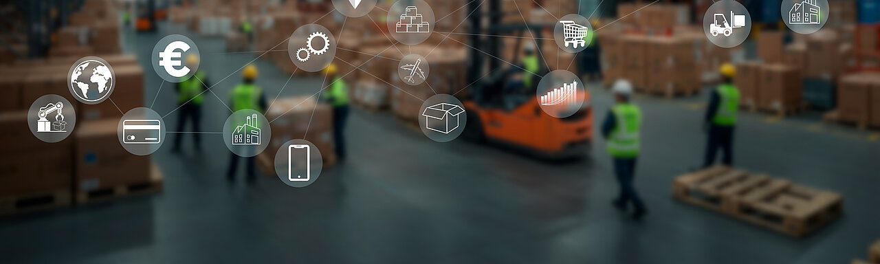 A warehouse and logistics environment featuring interconnected supply chain icons to visualise a digitally controlled supply chain and data-driven process control.