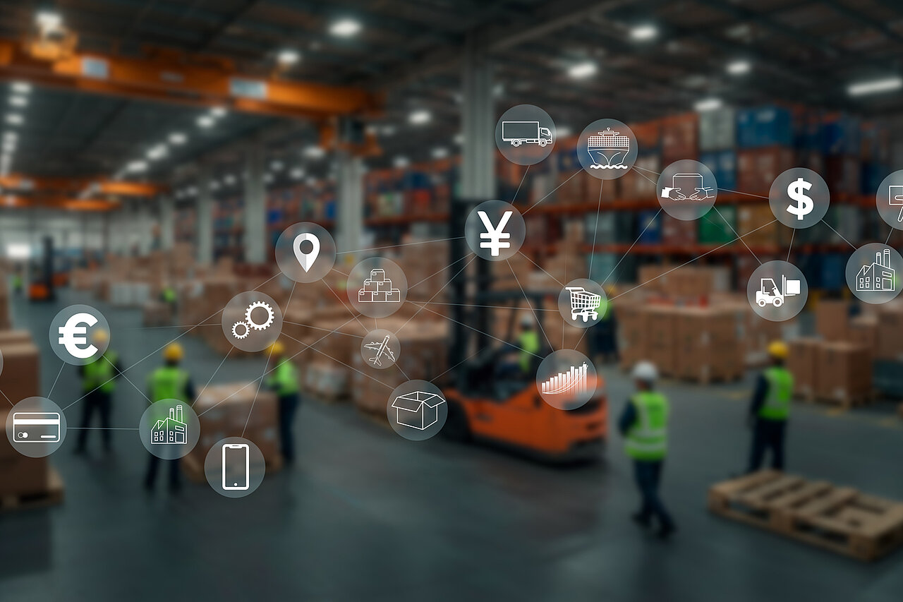 A warehouse and logistics environment featuring interconnected supply chain icons to visualise a digitally controlled supply chain and data-driven process control.