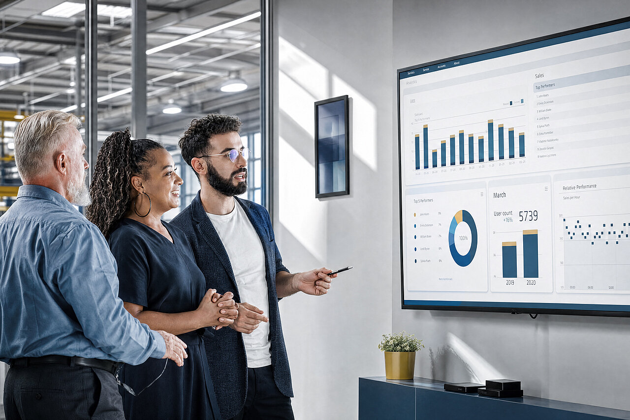 Three people are looking at a digital dashboard displaying key figures, charts and performance indicators on a screen.