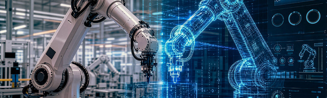 Industrieroboterarm in einer Produktionshalle, dessen rechte Hälfte als blaues digitales Drahtgittermodell mit Datenvisualisierungen dargestellt ist – Symbolbild für digitalen Zwilling.