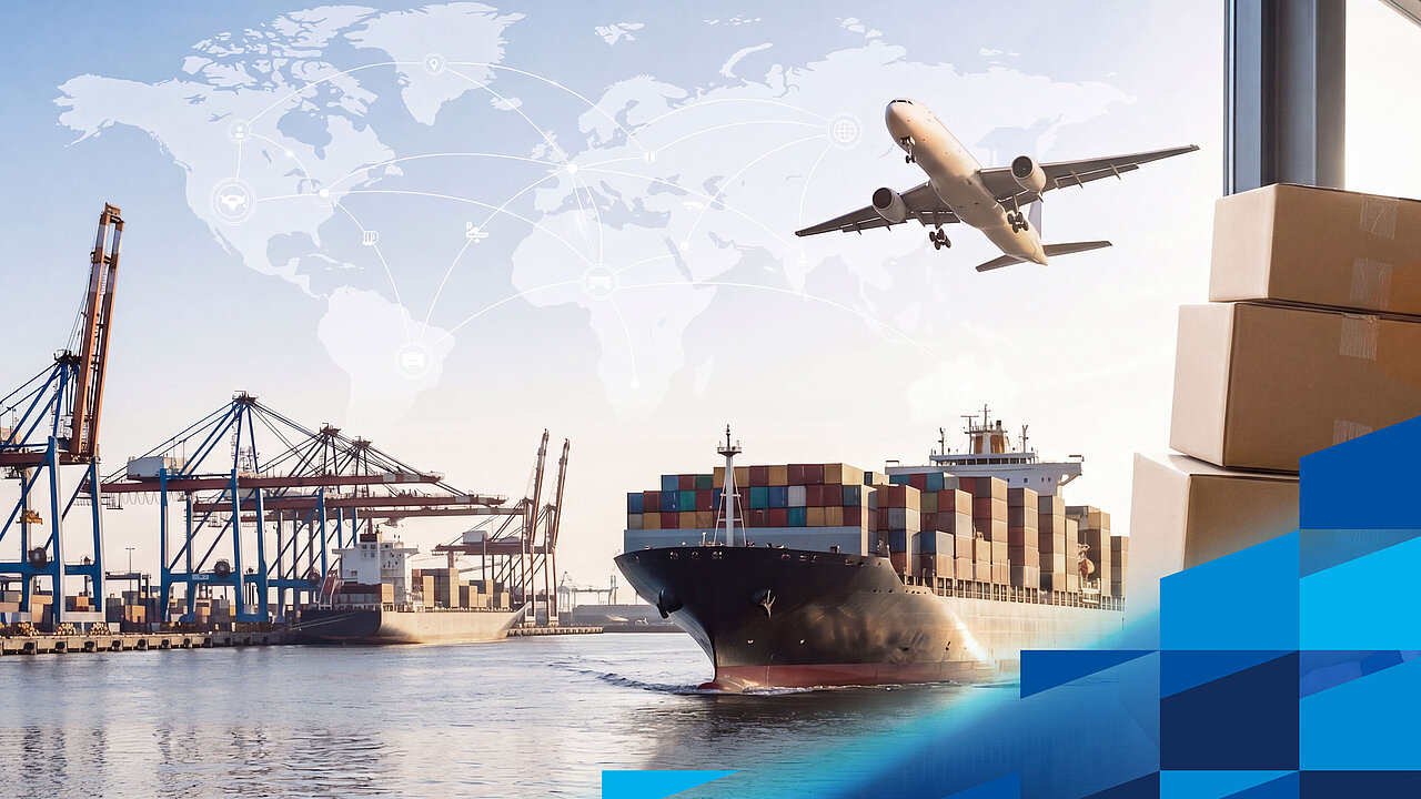 A container ship in port, a cargo aircraft and a person carrying parcels, symbolising international supply chains.